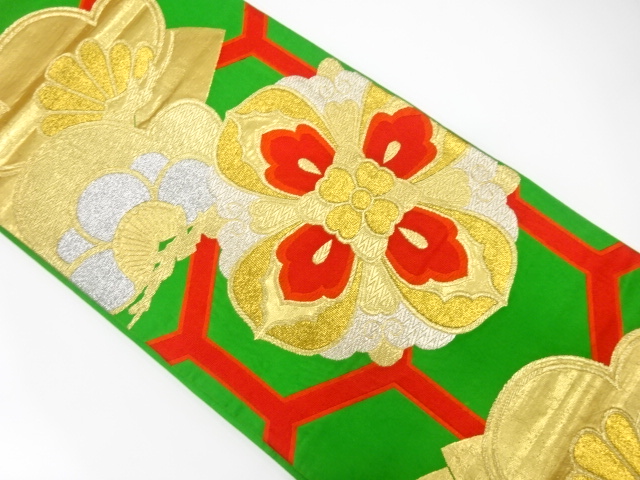 JAPANESE KIMONO / ANTIQUE FUKURO OBI / SILK / WOVEN FLORAL CREST